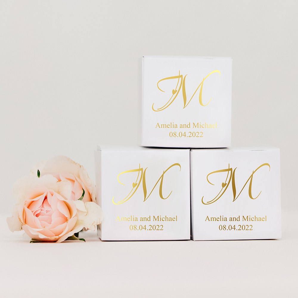 MINI CUSTOM FOIL PRINTED SQUARE PAPER FAVOR BOXES - DECORATIVE INITIAL MONOGRAM