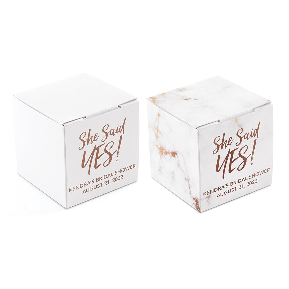 MINI CUSTOM FOIL PRINTED SQUARE PAPER FAVOR BOXES - She said YES!