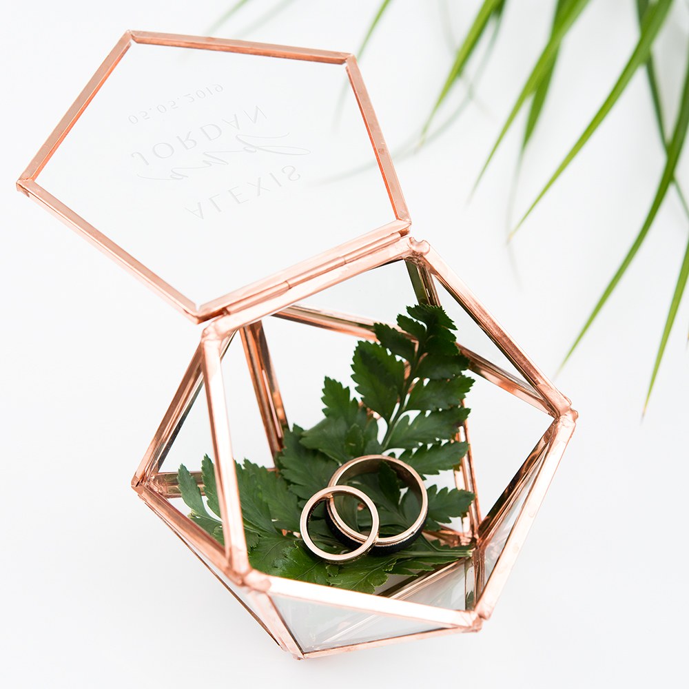 SMALL GLASS GEOMETRIC TERRARIUM STYLE RING BOX - MODERN COUPLE ENGRAVING