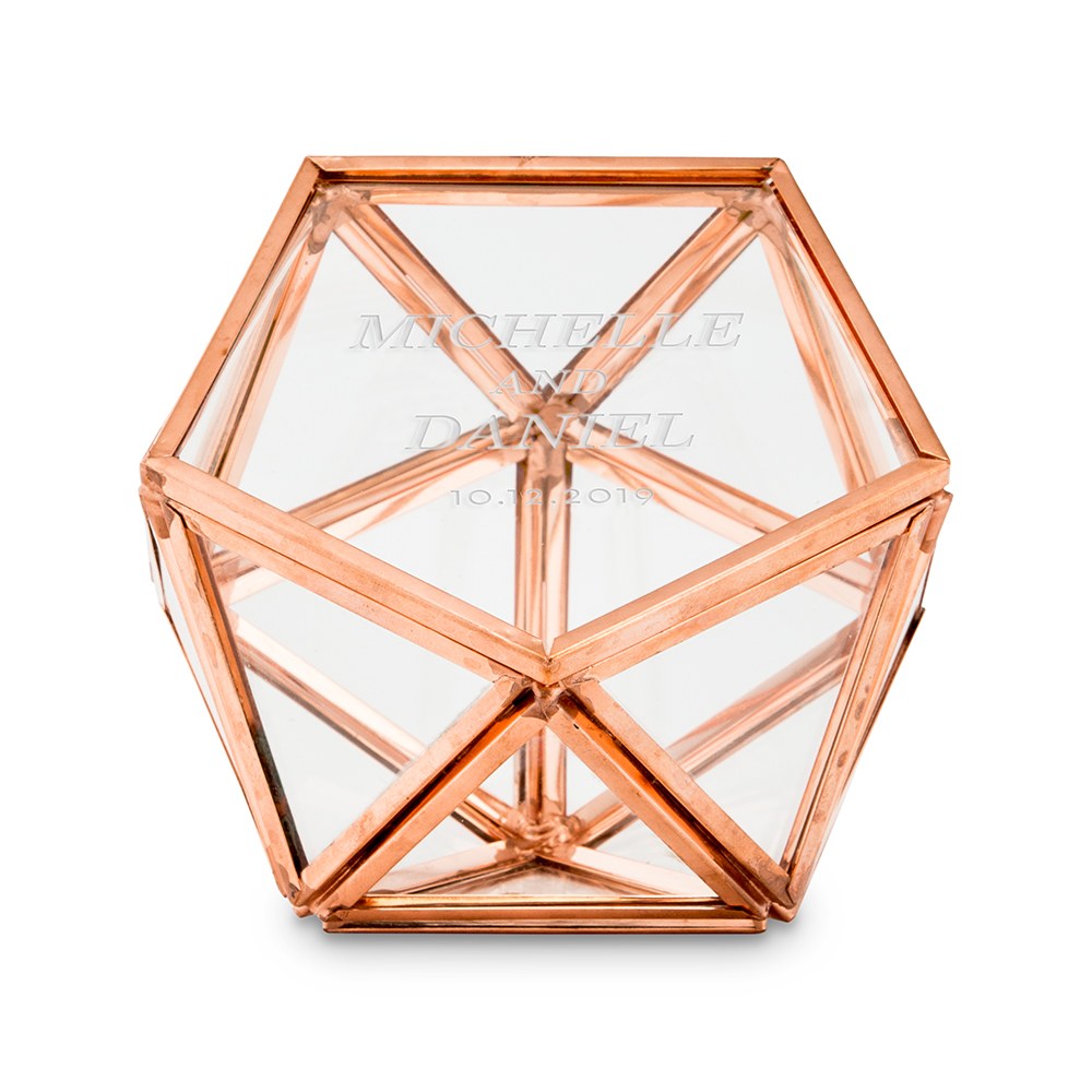 SMALL GLASS GEOMETRIC TERRARIUM STYLE RING BOX - CLASSIC COUPLE ENGRAVING