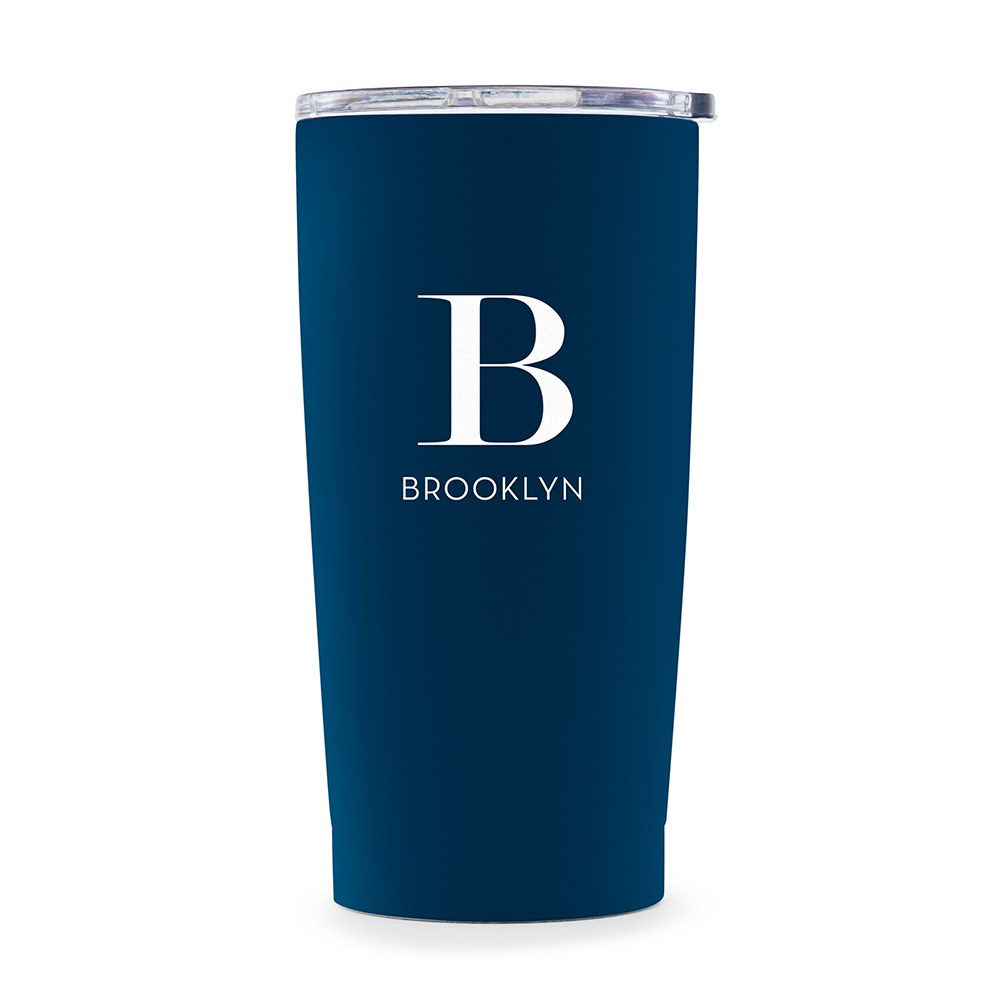 PERSONALIZED STAINLESS STEEL INSULATED NAVY BLUE TRAVEL MUG - MODERN SERIF MONOGRAM PRINT