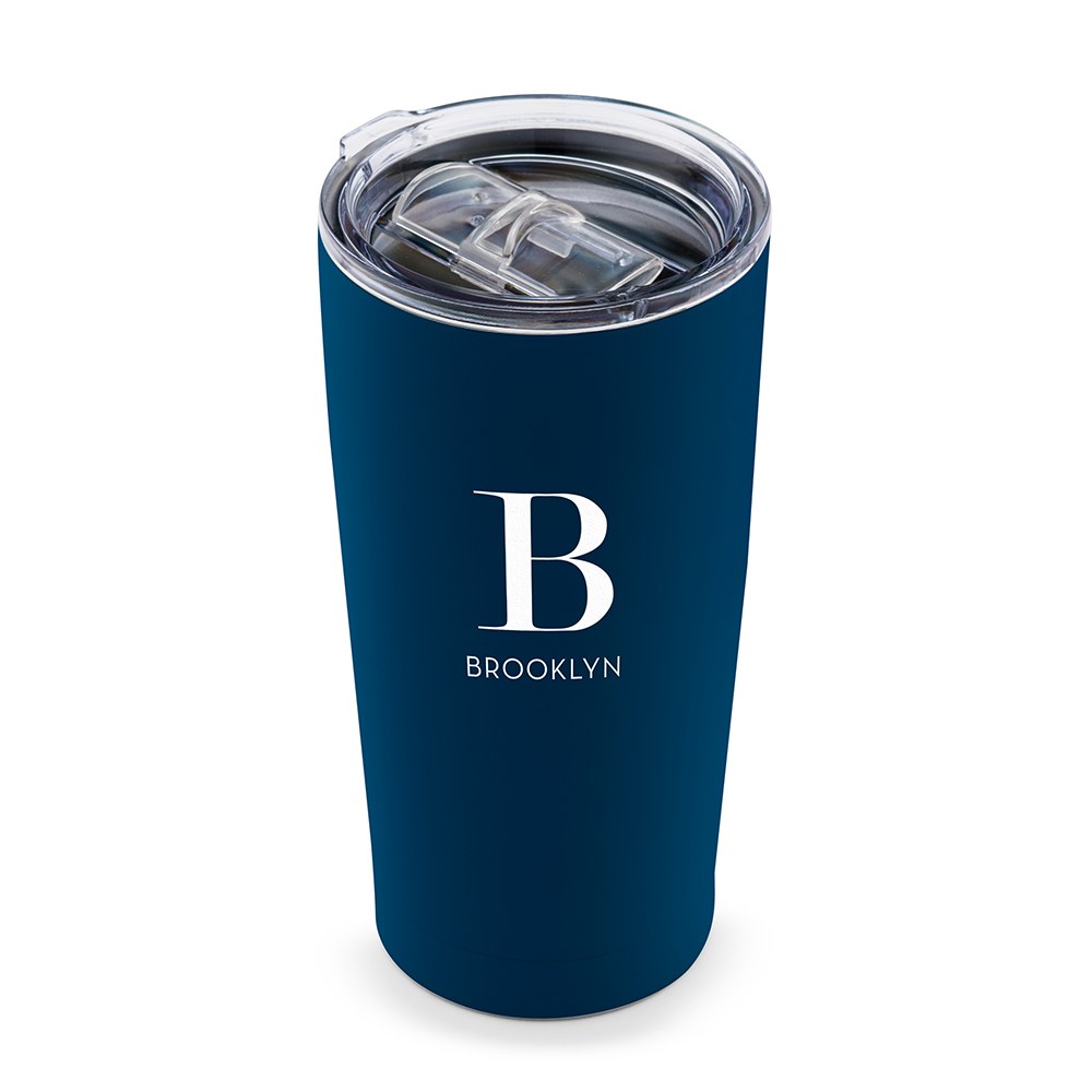 PERSONALIZED STAINLESS STEEL INSULATED NAVY BLUE TRAVEL MUG - MODERN SERIF MONOGRAM PRINT