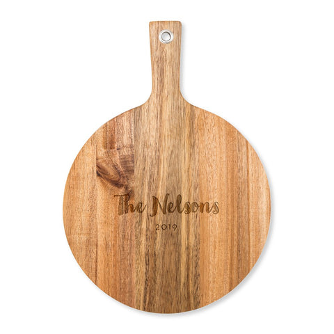 PERSONALIZED ROUND CUTTING & SERVING BOARD WITH HANDLE - RETRO SCRIPT