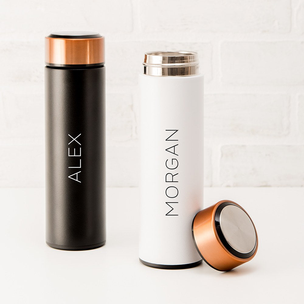 PERSONALIZED STAINLESS STEEL CYLINDER TRAVEL BOTTLE - CONTEMPORARY VERTICAL TEXT