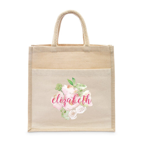 PERSONALIZED WOVEN JUTE MEDIUM TOTE BAG WITH POCKET -  FLORAL GARDEN PARTY