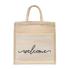 MEDIUM REUSABLE WOVEN JUTE TOTE BAG WITH POCKET - WELCOME