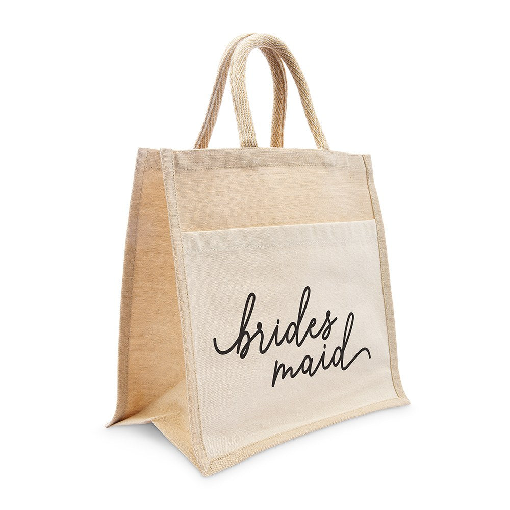 MEDIUM REUSABLE WOVEN JUTE TOTE BAG WITH POCKET - BRIDESMAID