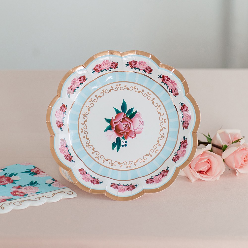 SMALL ROUND DISPOSABLE PAPER PARTY PLATES - MODERN FLORAL TEA PARTY (8/pkg)