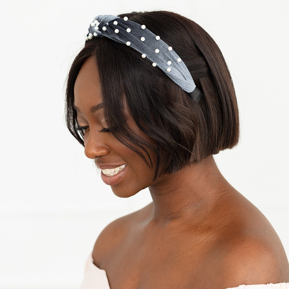 WIDE VELVET & PEARL KNOT HEADBAND - VARIOUS COLOURS