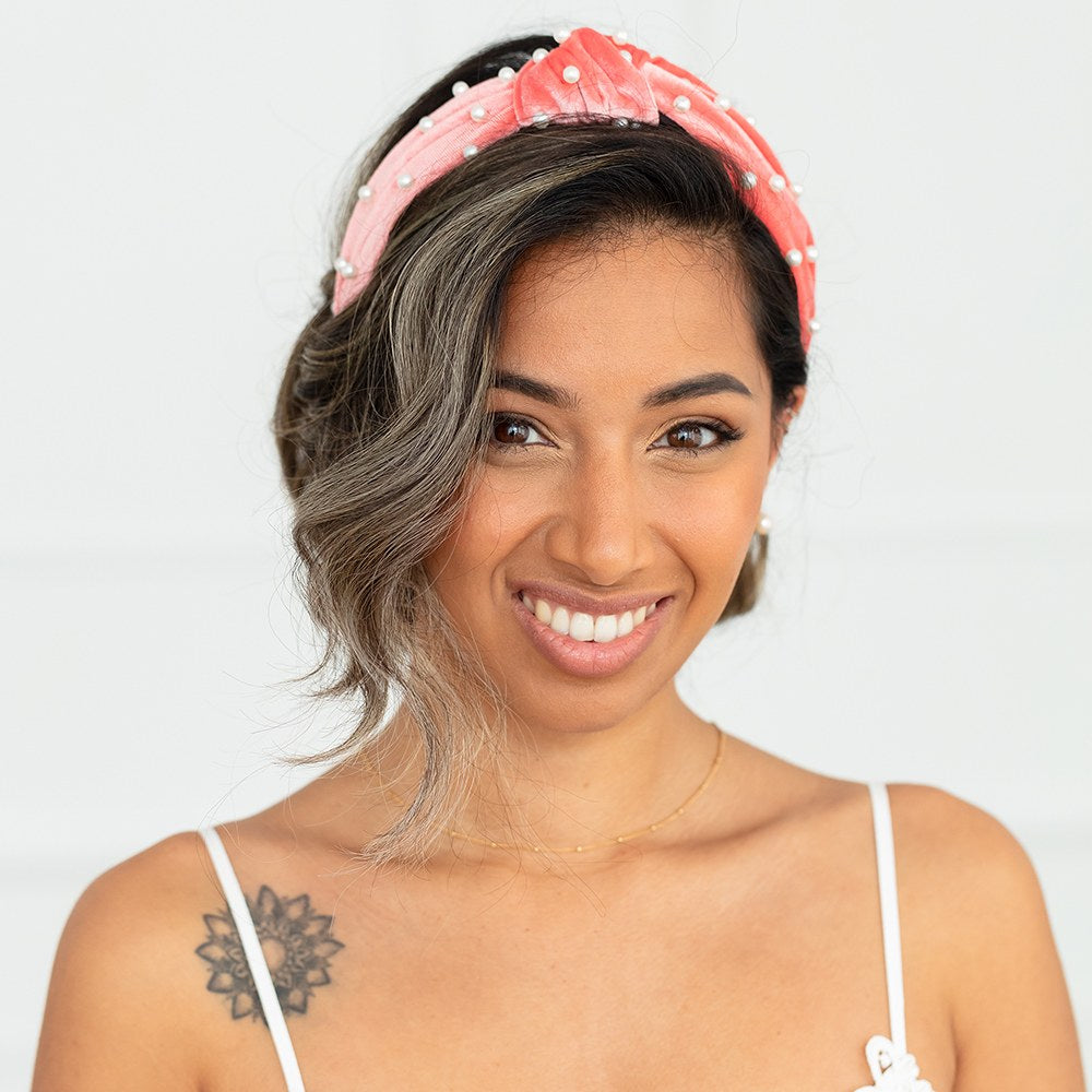 WIDE VELVET & PEARL KNOT HEADBAND - VARIOUS COLOURS