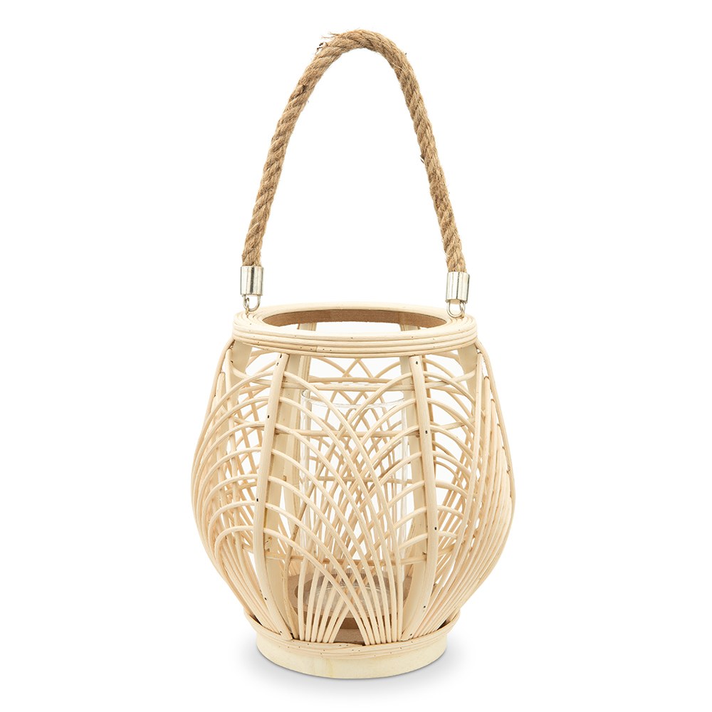 LARGE NATURAL HANGING LANTERN - RATTAN & GLASS