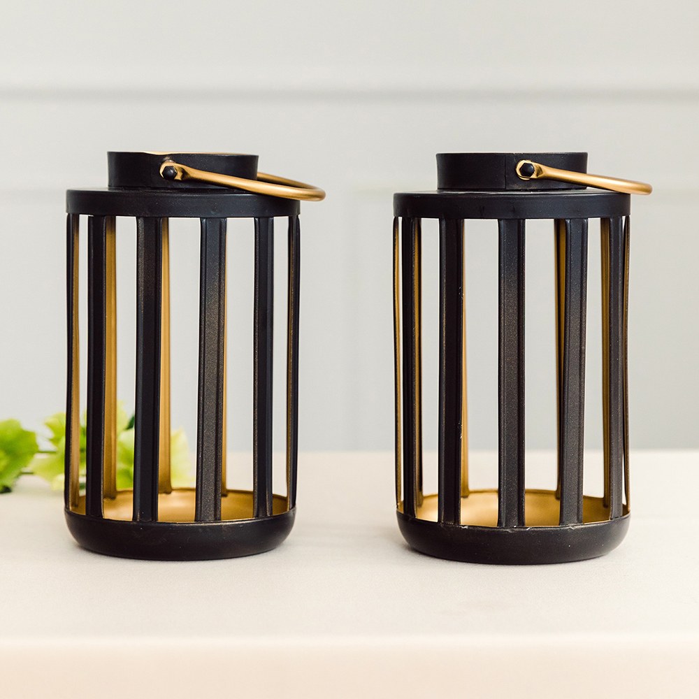 BLACK & GOLD METAL CYLINDER HANGING LANTERN  - SET OF 2