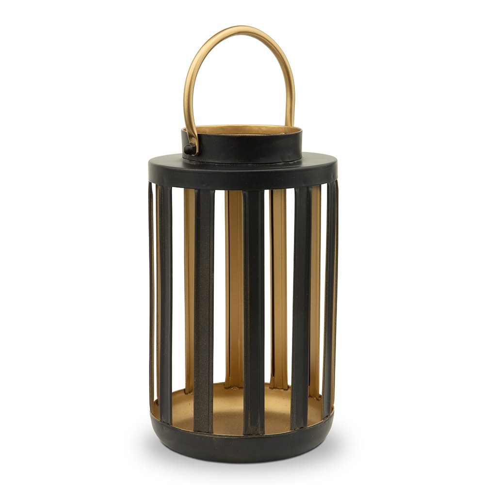 BLACK & GOLD METAL CYLINDER HANGING LANTERN  - SET OF 2