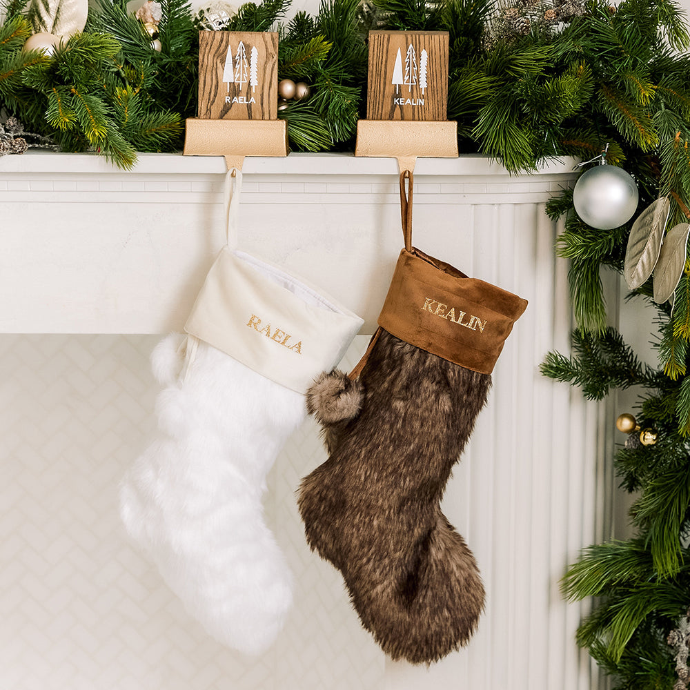 CUSTOM PRINTED PLUSH FAUX FUR CHRISTMAS STOCKING - TRADITIONAL MONOGRAM TEXT - AyaZay Wedding Shoppe