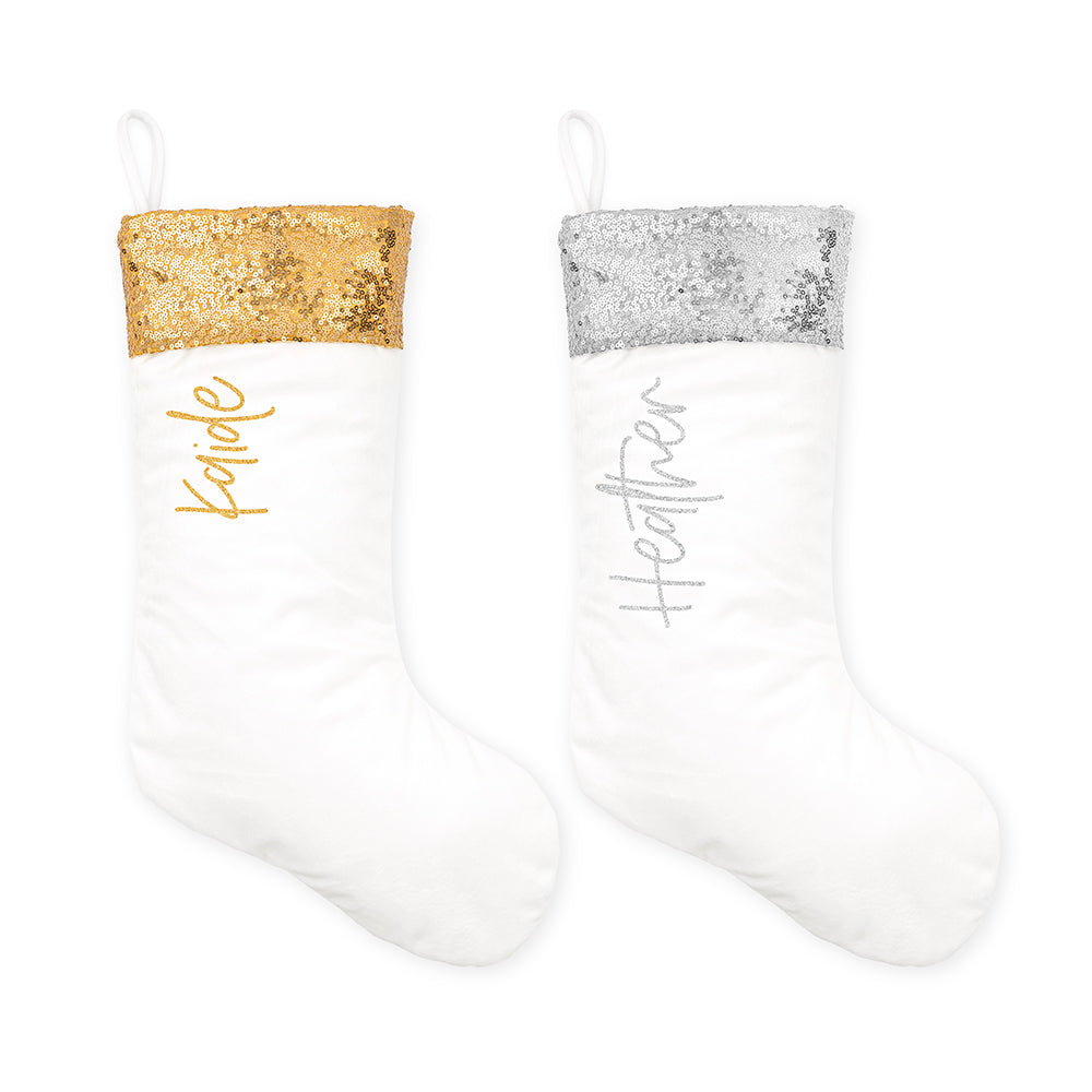 CUSTOM PRINTED PLUSH SEQUINED CUFF CHRISTMAS STOCKING - VERTICAL SCRIPT FONT - AyaZay Wedding Shoppe
