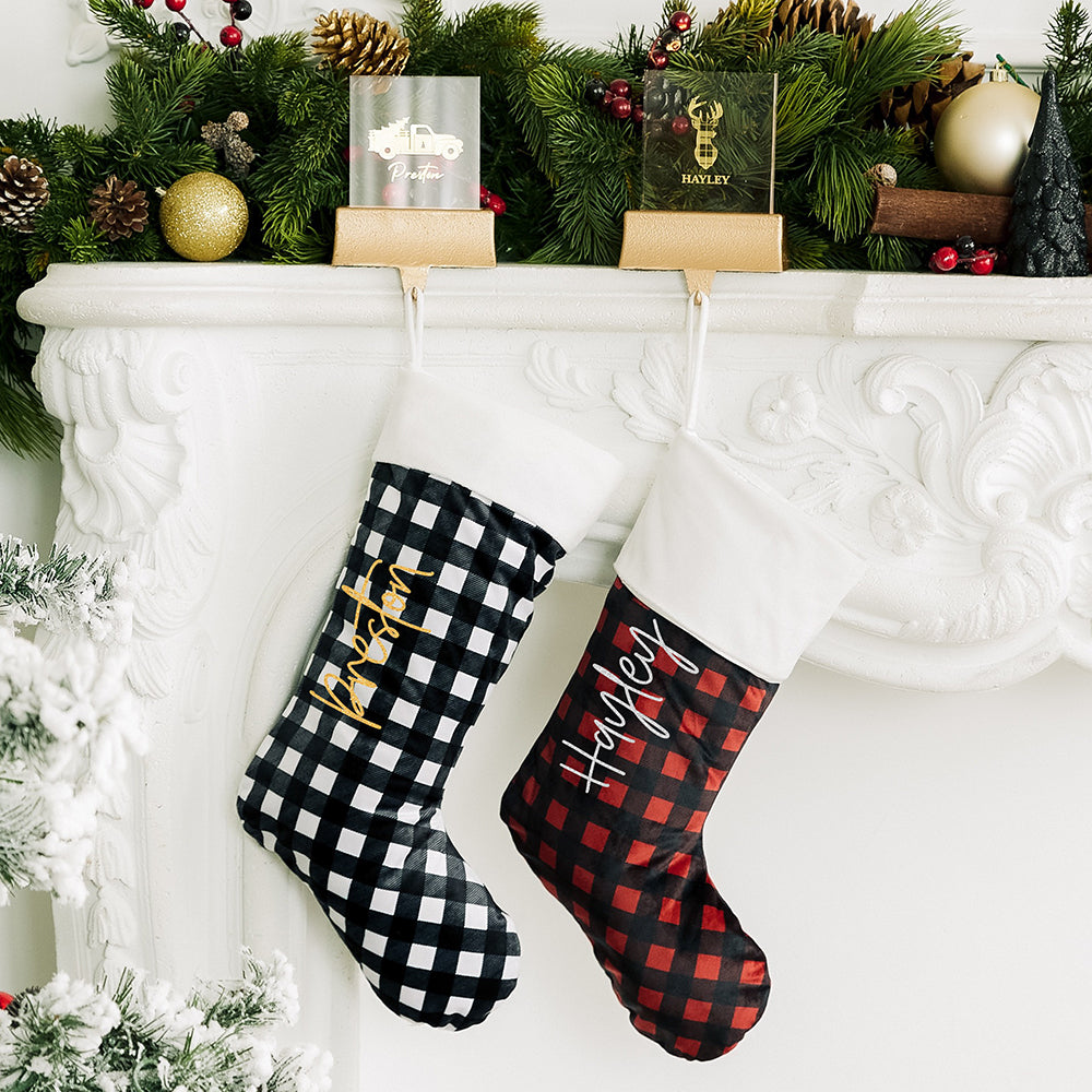 CUSTOM PRINTED PLUSH BUFFALO PLAID CHRISTMAS STOCKING - VERTICAL SCRIPT FONT