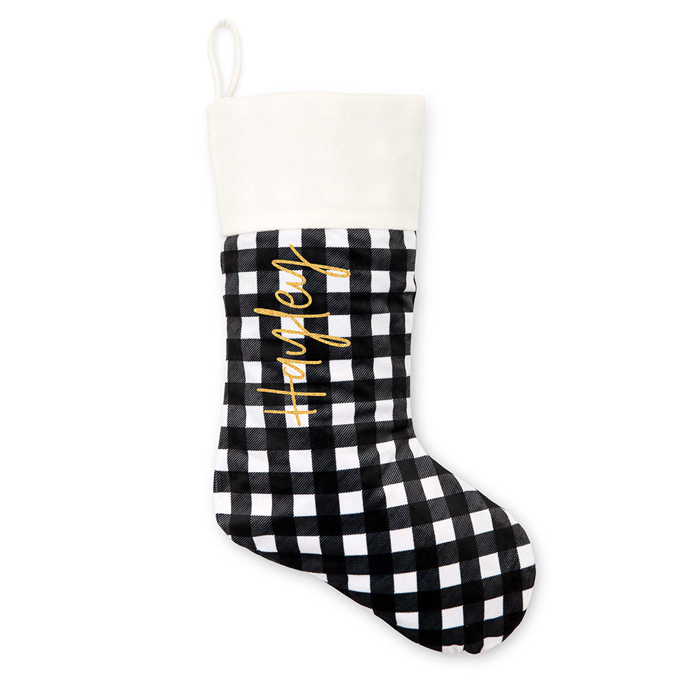 CUSTOM PRINTED PLUSH BUFFALO PLAID CHRISTMAS STOCKING - VERTICAL SCRIPT FONT