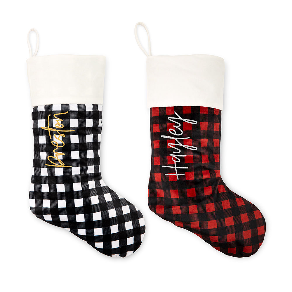 CUSTOM PRINTED PLUSH BUFFALO PLAID CHRISTMAS STOCKING - VERTICAL SCRIPT FONT