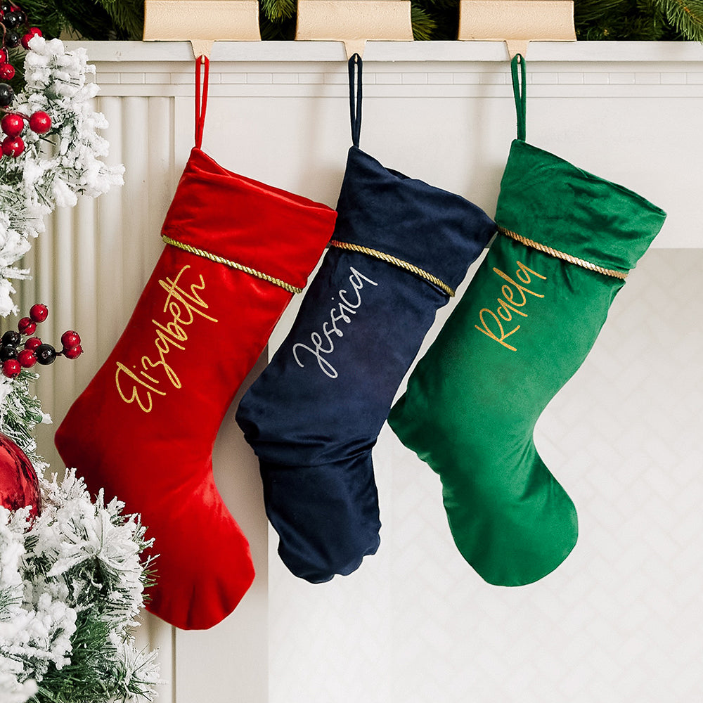 CUSTOM PRINTED PLUSH TRADITIONAL CHRISTMAS STOCKING - VERTICAL SCRIPT FONT