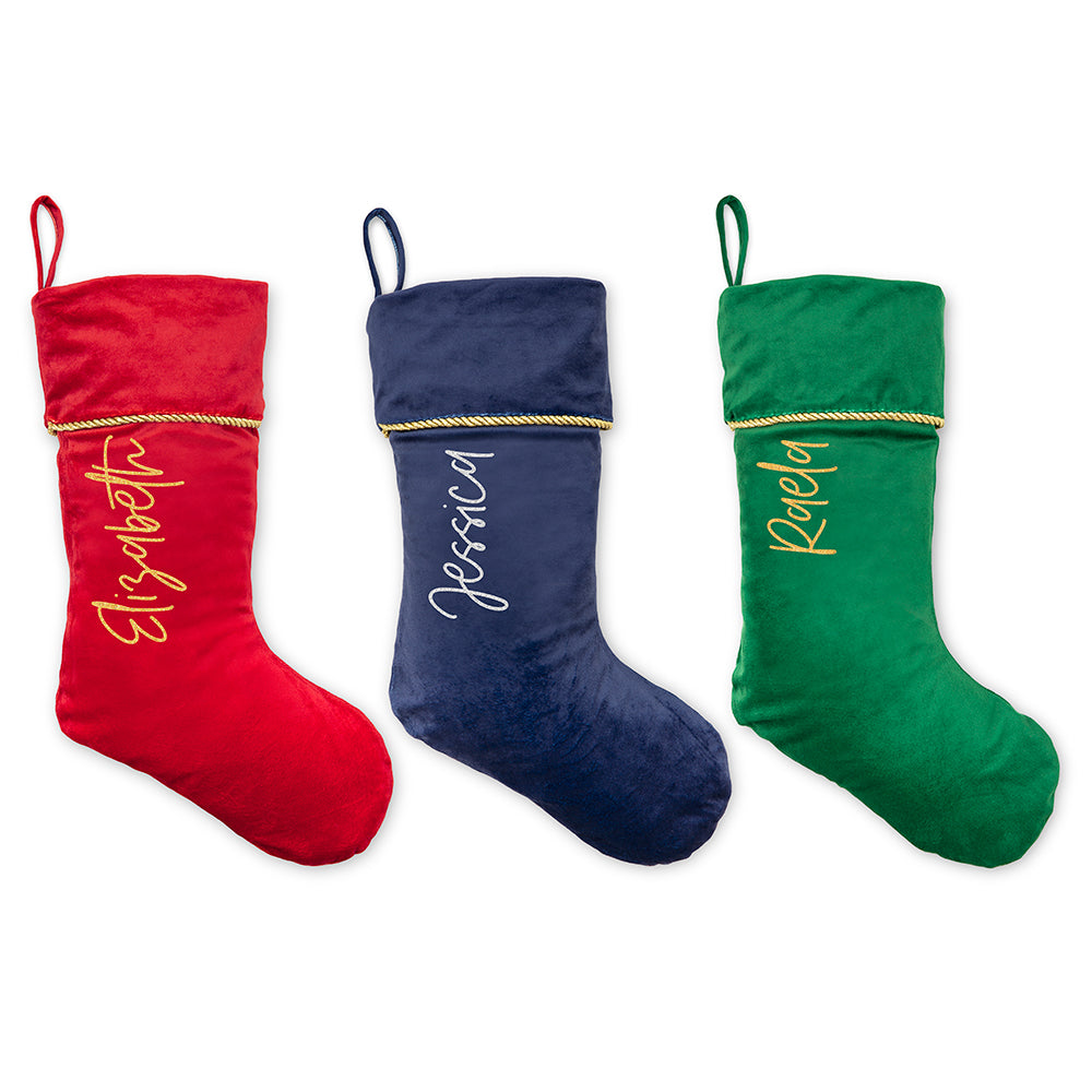 CUSTOM PRINTED PLUSH TRADITIONAL CHRISTMAS STOCKING - VERTICAL SCRIPT FONT