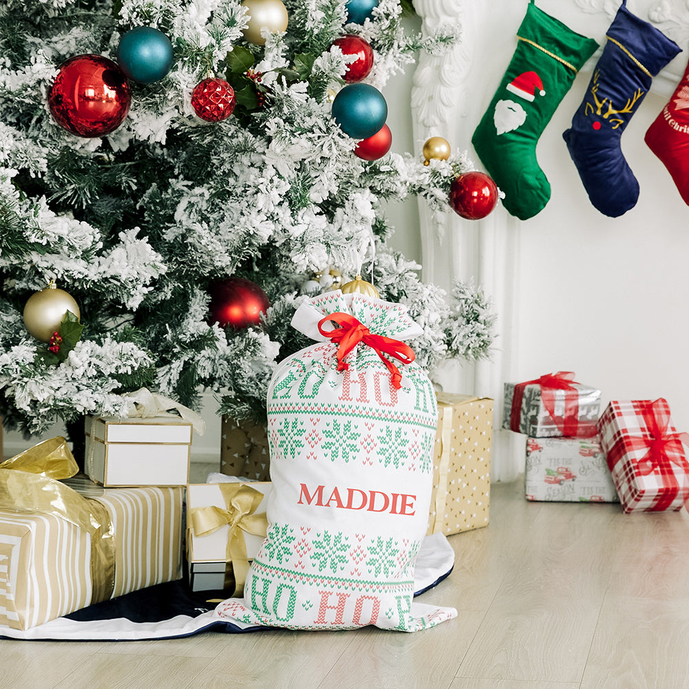 LARGE PERSONALIZED DRAWSTRING SANTA SACK FOR GIFTS - HO HO HO