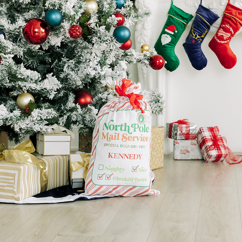 LARGE PERSONALIZED DRAWSTRING SANTA SACK FOR GIFTS - NORTH POLE DELIVERY