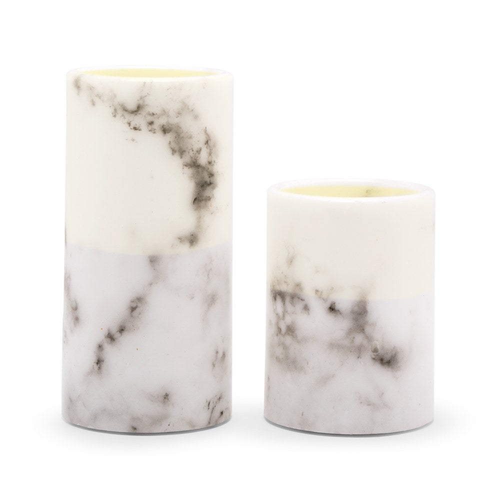 WHITE MARBLE ARTIFICIAL FLAMELESS LED PILLAR CANDLE - SET OF 2