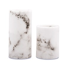 WHITE MARBLE ARTIFICIAL FLAMELESS LED PILLAR CANDLE - SET OF 2