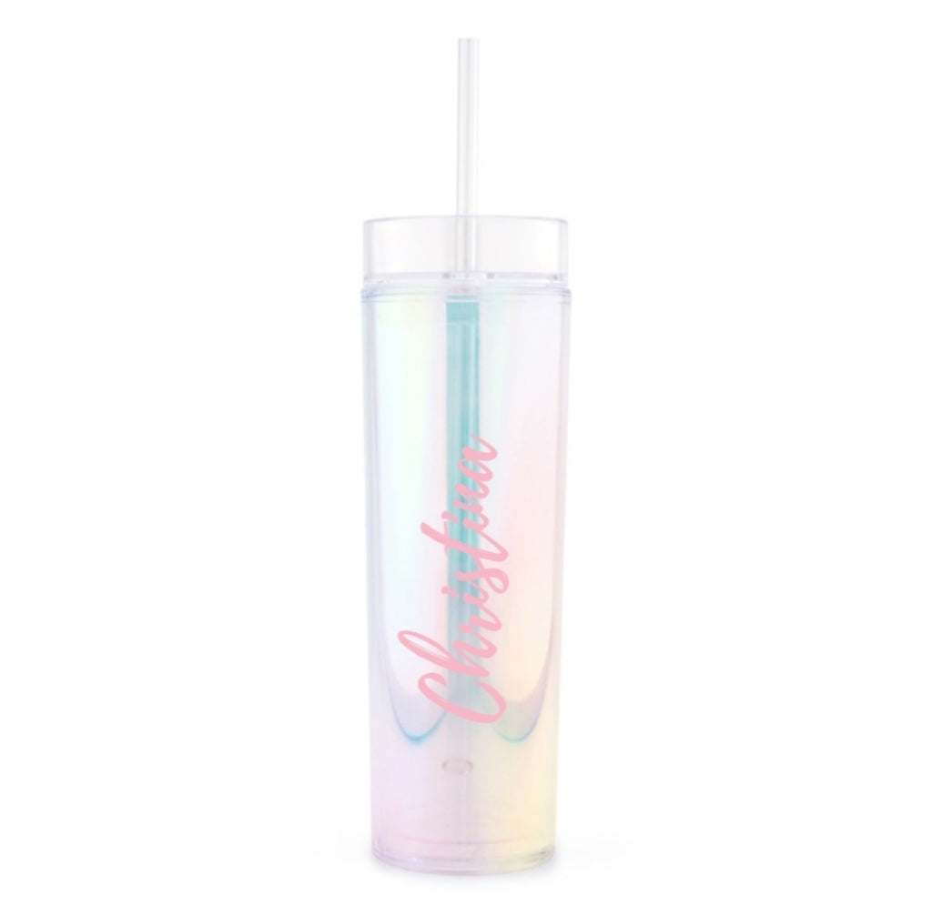 IRIDESCENT PERSONALIZED PLASTIC DRINK TUMBLER - CALLIGRAPHY TEXT PRINTING