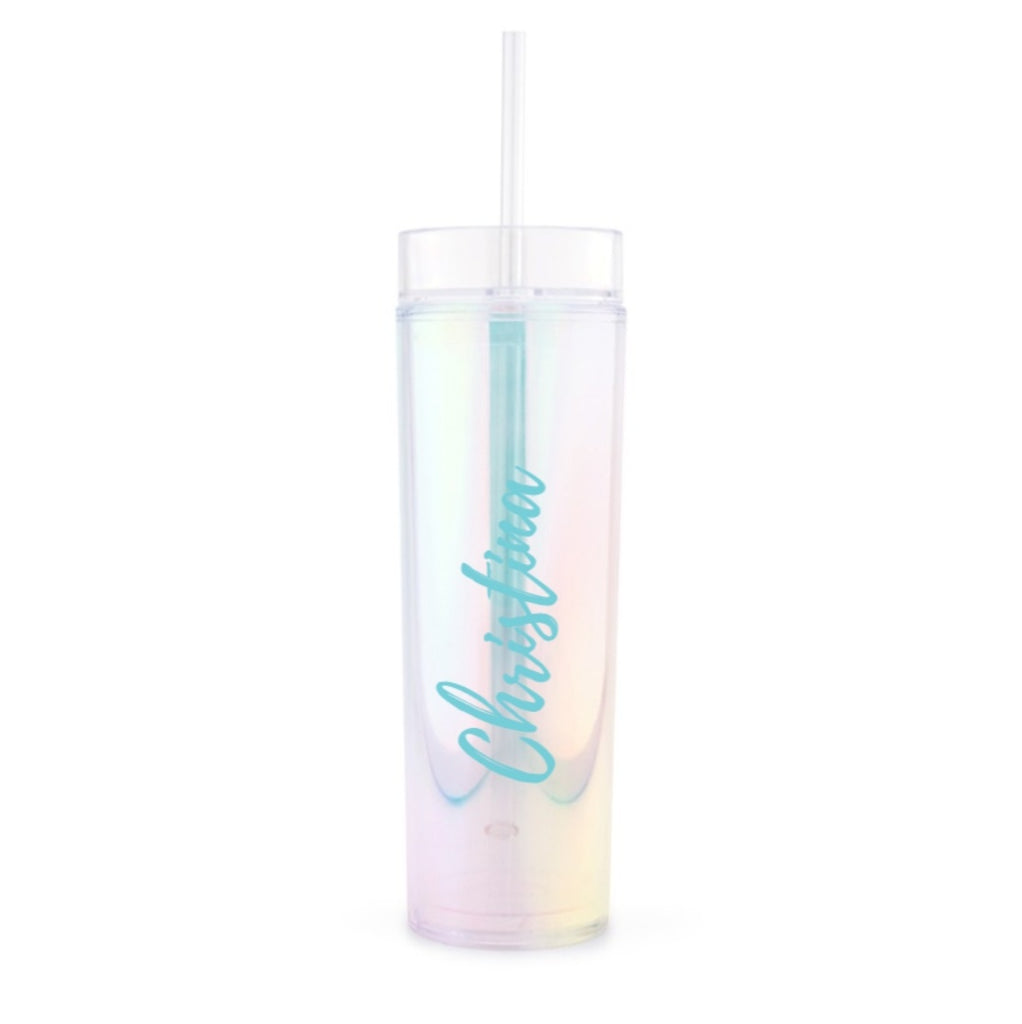 IRIDESCENT PERSONALIZED PLASTIC DRINK TUMBLER - CALLIGRAPHY TEXT PRINTING