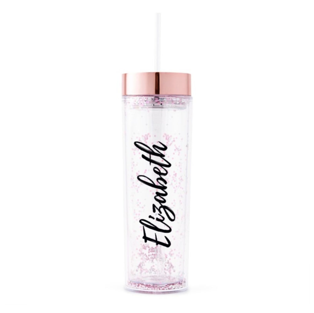 ROSE GOLD SPARKLE PERSONALIZED PLASTIC DRINK TUMBLER - CALLIGRAPHY TEXT PRINTING