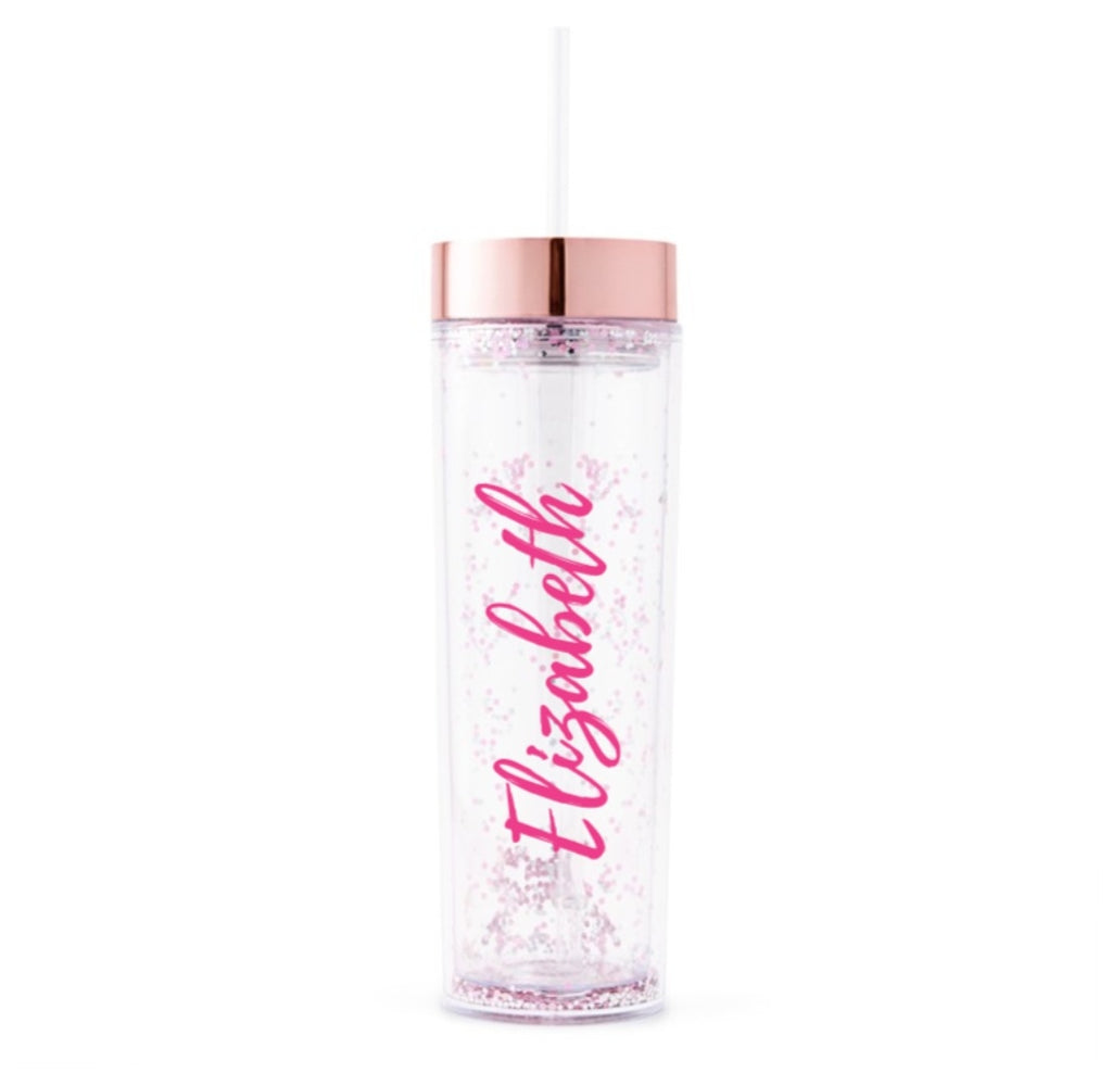 ROSE GOLD SPARKLE PERSONALIZED PLASTIC DRINK TUMBLER - CALLIGRAPHY TEXT PRINTING