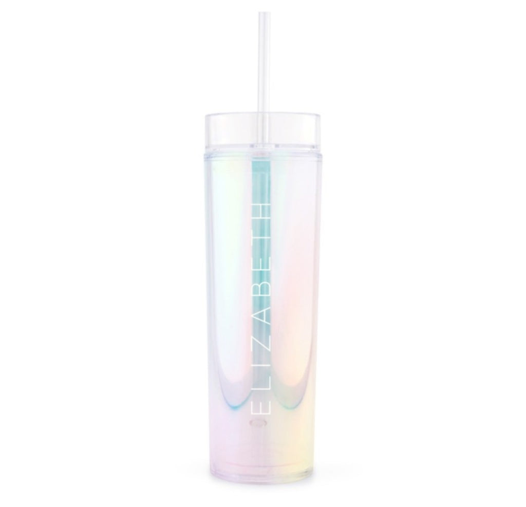 IRIDESCENT PERSONALIZED PLASTIC DRINK TUMBLER - CONTEMPORARY VERTICAL LINE PRINTING