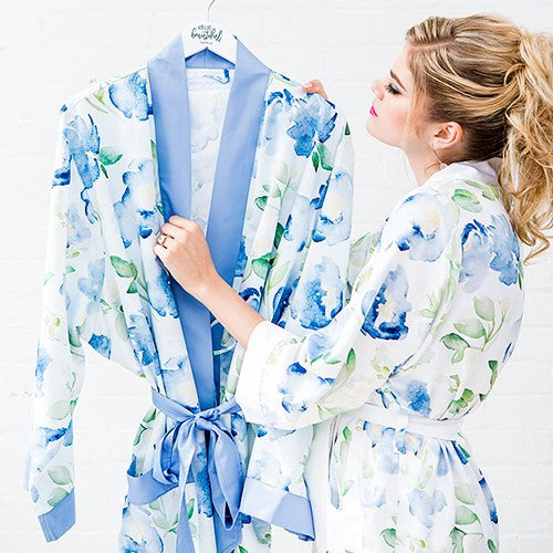 BLUE WATERCOLOR FLORAL SILKY KIMONO ROBE ON BLUE - AyaZay Wedding Shoppe