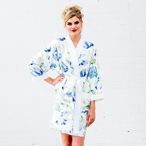 BLUE WATERCOLOR FLORAL SILKY KIMONO ROBE ON WHITE - AyaZay Wedding Shoppe