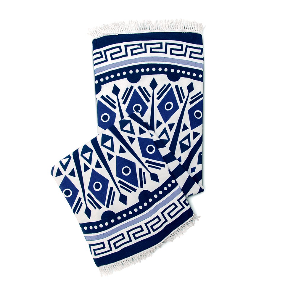 PERSONALIZED ROUND BEACH TOWEL - BLUE & WHITE MANDELA PATTERN