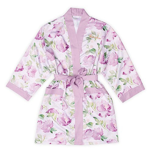 LAVENDER WATERCOLOR FLORAL SILKY KIMONO ROBE ON LAVENDER - AyaZay Wedding Shoppe