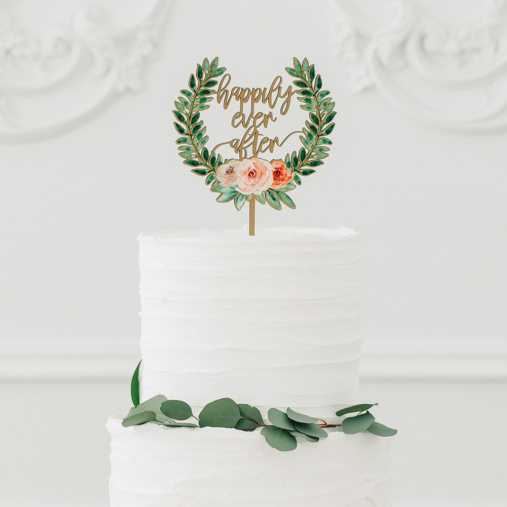 NATURAL WOOD FULL COLOUR CAKE TOPPER - FLORAL HAPPILY EVER AFTER