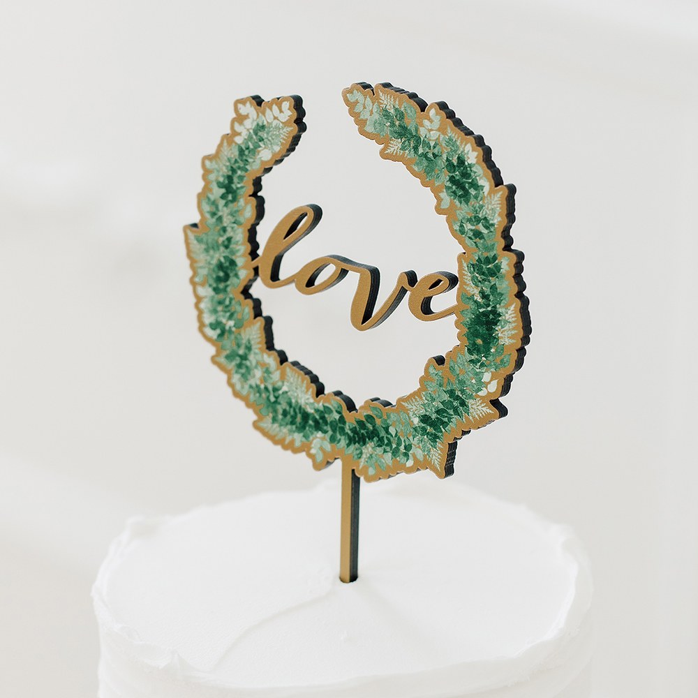 NATURAL WOOD FULL COLOUR CAKE TOPPER - LOVE WREATH