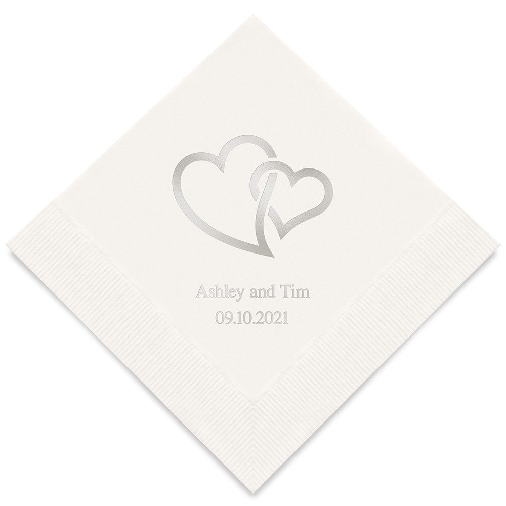PERSONALIZED FOIL PRINTED PAPER NAPKINS - Linked Double Hearts
 (50/pkg)