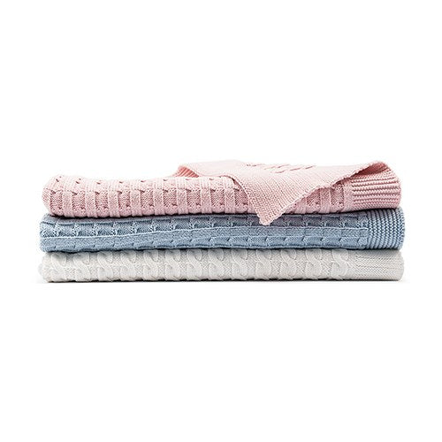 PERSONALIZED COTTON CABLE KNIT BABY BLANKET - MONOGRAM (pink/blue/white) - AyaZay Wedding Shoppe