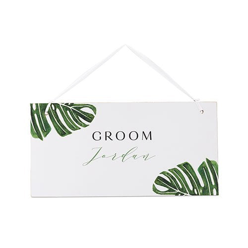 SMALL PERSONALIZED WOODEN WEDDING SIGN - WHITE MONSTERA GREENERY - AyaZay Wedding Shoppe