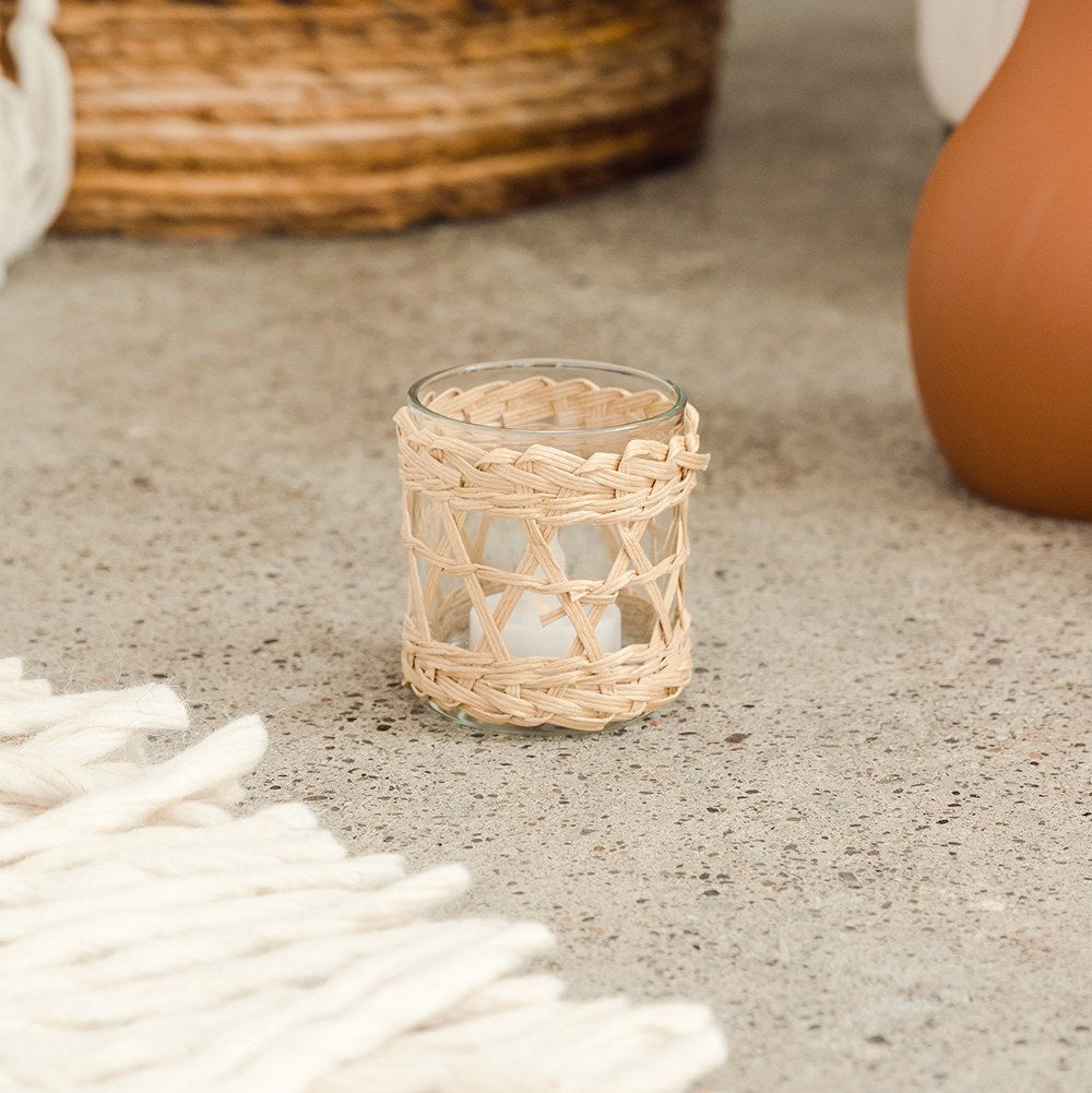 WOVEN STRAW & GLASS VOTIVE CANDLE HOLDER - NATURAL (SET OF 4)