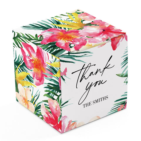 MINI CUSTOM PRINTED SQUARE PAPER FAVOR BOXES - TROPICAL FLORAL thank you