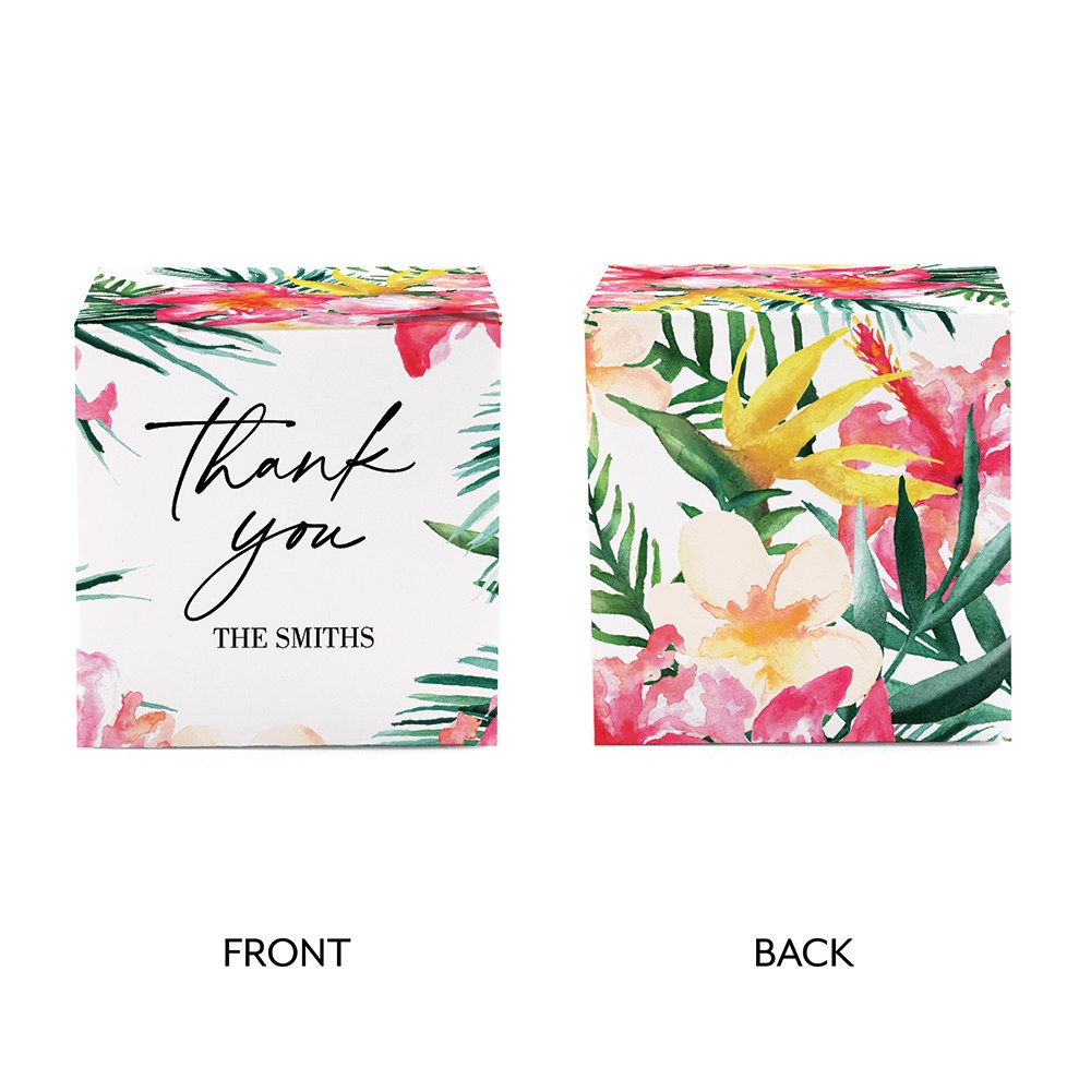 MINI CUSTOM PRINTED SQUARE PAPER FAVOR BOXES - TROPICAL FLORAL thank you