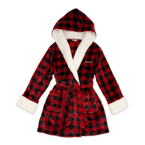 WOMEN'S PERSONALIZED EMBROIDERED FLUFFY PLUSH ROBE WITH HOOD - BUFFALO PLAID