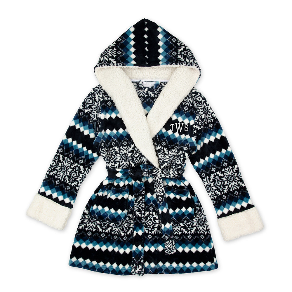 WOMEN'S PERSONALIZED EMBROIDERED FLUFFY PLUSH ROBE WITH HOOD - NORDIC SNOWFLAKE
