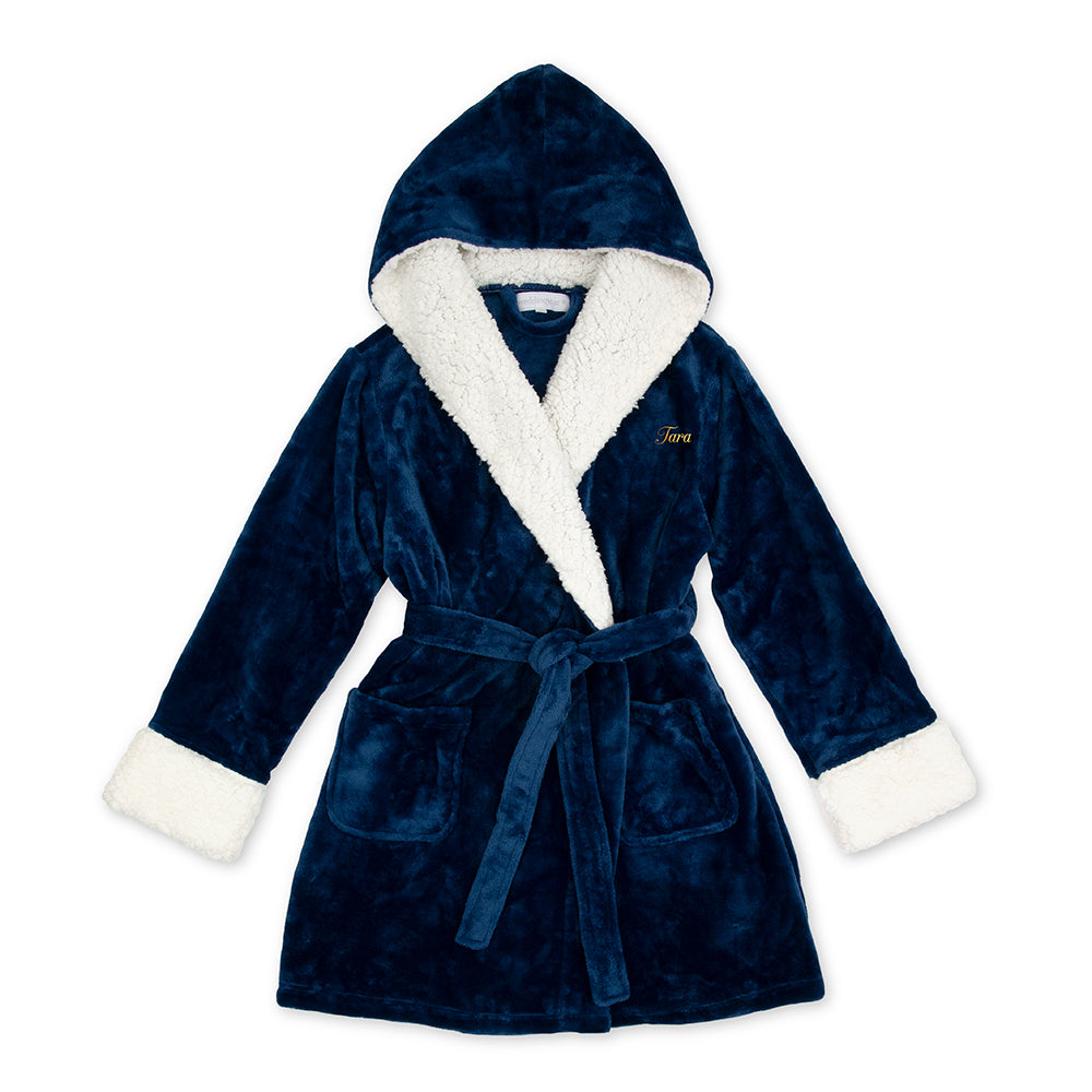 WOMEN'S PERSONALIZED EMBROIDERED FLUFFY PLUSH ROBE WITH HOOD - NAVY BL –  AyaZay Wedding Shoppe