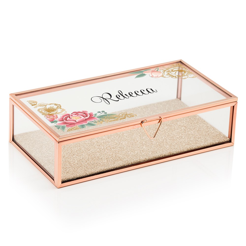 LARGE PERSONALIZED RECTANGLE GLASS JEWELRY BOX  - MODERN FLORAL PRINT