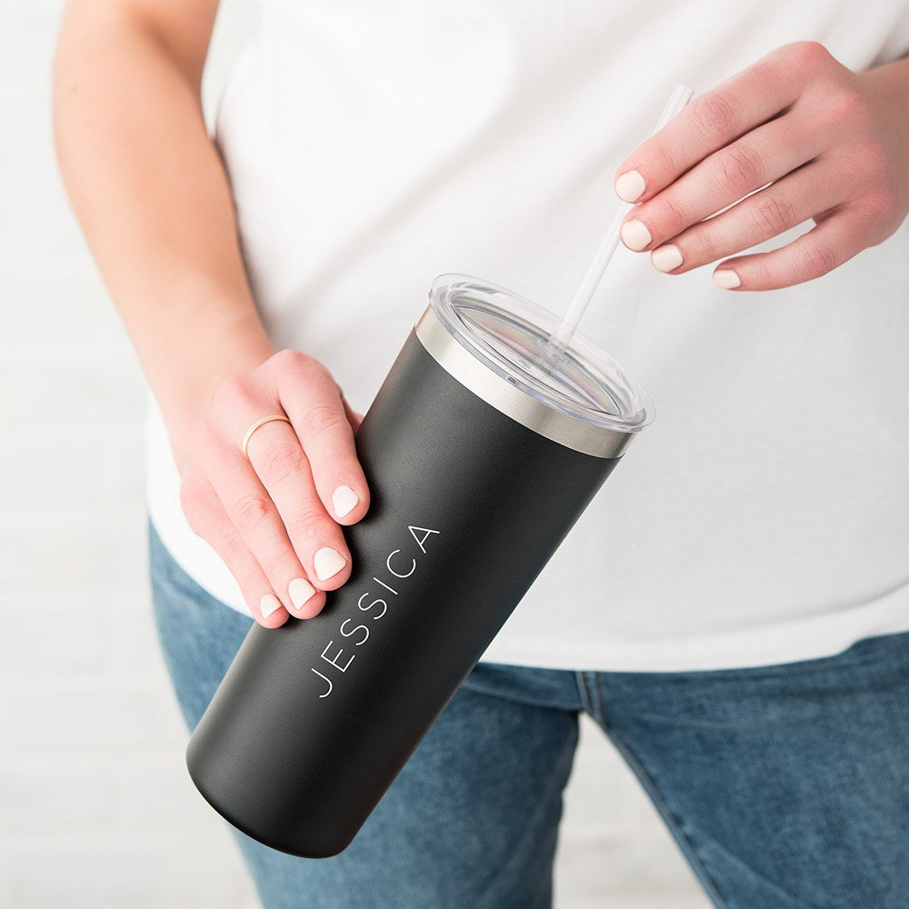 PERSONALIZED BLACK STAINLESS STEEL DRINK TUMBLER - CONTEMPORARY VERTICAL PRINT